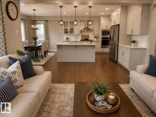 Spacious living area featuring rich wood-finish flooring extending into the kitchen and dining areas - 7274 Morgan Road, Edmonton, AB 