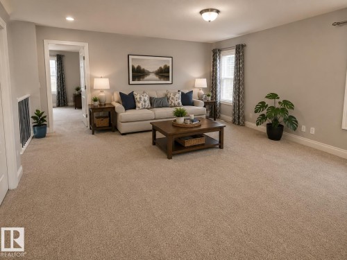Carpeted living area featuring light gray walls, white trim, a double window with blinds and patterned drapes, and a flush mount ceiling light - 7274 Morgan Road, Edmonton, AB 