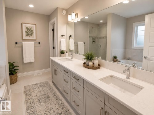Spacious bathroom featuring a dual vanity with integrated sinks and light-toned countertops, a large frameless mirror, and recessed lighting - 7274 Morgan Road, Edmonton, AB 