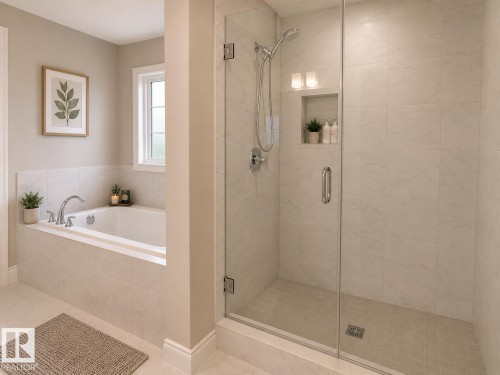 Walk-in shower with clear glass enclosure and integrated wall niche - 7274 Morgan Road, Edmonton, AB 