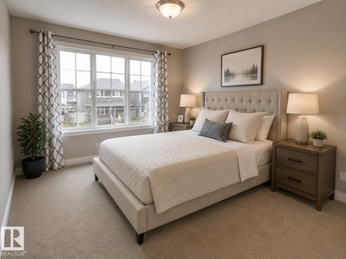 Carpeted bedroom featuring a large multi-pane window with white trim, a tufted headboard, and a ceiling-mounted light fixture - 7274 Morgan Road, Edmonton, AB 