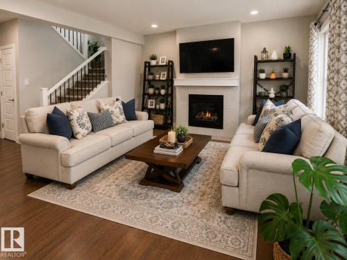 Living area featuring wood-finish flooring, a contemporary fireplace with a decorative mantel, and recessed lighting - 7274 Morgan Road, Edmonton, AB 