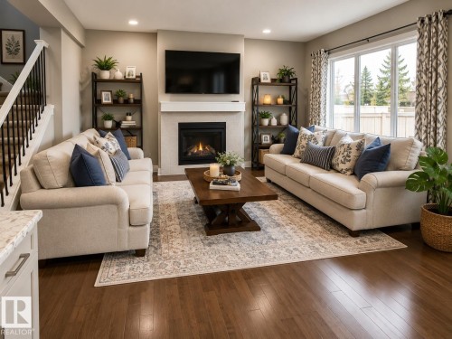 Open-concept living area featuring rich wood-finish flooring, a contemporary fireplace with a tile surround, and large windows providing abundant natural light - 7274 Morgan Road, Edmonton, AB 