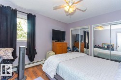 Interior room featuring wood-finish flooring, a ceiling fan with integrated lighting, and two mirrored sliding closet doors - 