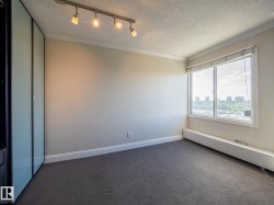 Room featuring a large window, wall-to-wall carpeting, and track lighting - 