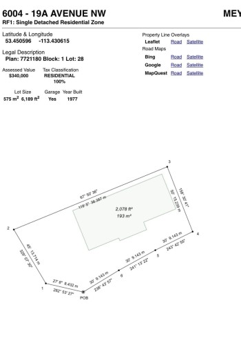 Property Report and Survey Plan. Detailing property specifications, assessed value, and a survey plan with dimensions - 6004 19A Avenue Nw, Edmonton, AB 