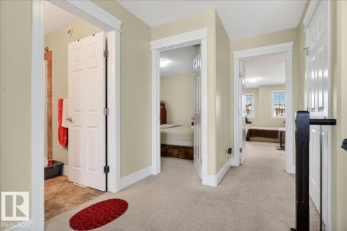 Carpeted hallway with three paneled doors and painted trim - 1411 30 Avenue, Edmonton, AB 
