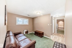 Carpeted room with a double window, light tan walls, and a textured ceiling - 