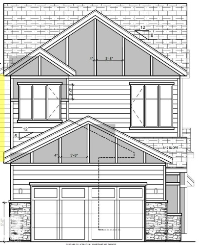 Architectural Blueprint. Front elevation with dimensional annotations and material indications - 6730 Crawford Way, Edmonton, AB 