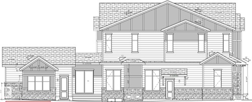 Architectural Drawing. Illustrating the exterior elevation of the property with dimensional notations - 6730 Crawford Way, Edmonton, AB 