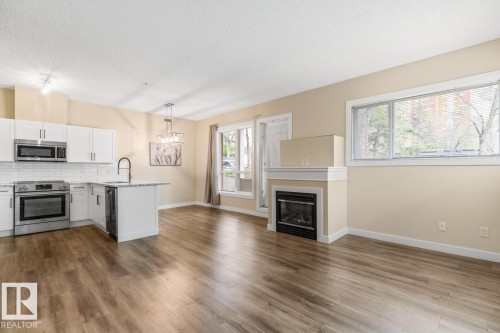 101 8488 111 Street, Edmonton, AB - Indoor Photo Showing Kitchen With Fireplace With Stainless Steel Kitchen