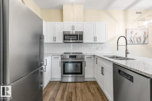 101 8488 111 Street, Edmonton, AB - Indoor Photo Showing Kitchen With Stainless Steel Kitchen With Double Sink With Upgraded Kitchen