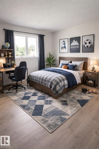 Bedroom featuring wood-finish flooring, a double window with dark drapery, a built-in wall shelf system, and a contemporary light fixture - 11911 133 Avenue, Edmonton, AB 