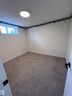 Neutral-toned room featuring a single window, white walls, and gray carpeting - 