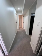 Hallway with light gray carpeting, white baseboards, and bright white walls - 