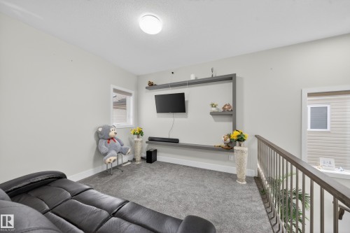 Carpeted upper-level space featuring a contemporary wall-mounted shelving unit, a flush-mount ceiling light, and a window with horizontal blinds - 449 Roberts Cres, Leduc, AB 