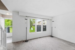 Spacious room featuring light-colored walls and grey carpeting - 