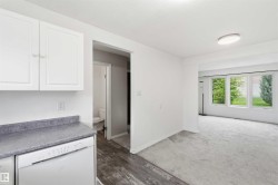 Kitchen area featuring white cabinetry, a white dishwasher, and gray countertop - 