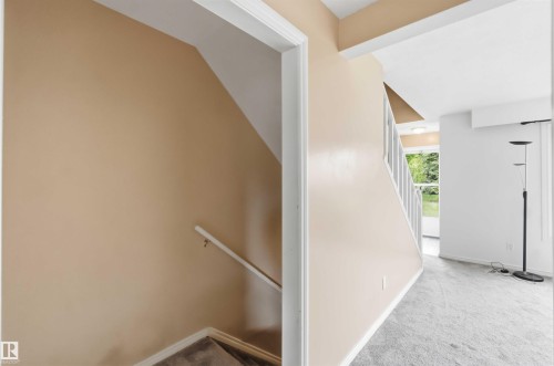 Interior stairway with painted walls, white trim, and light grey carpet - 17325 85 Avenue Nw, Edmonton, AB 