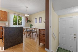 Kitchen island featuring a dark speckled countertop, light wood-finish flooring, a dining area with pendant lighting, a window with sheer curtains, and a front entry door with a white handrail - 
