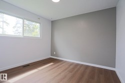 Room featuring wood-finish flooring, white baseboards, a white-framed window, and a contrasting accent wall - 