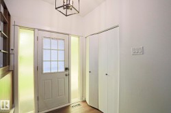 Entryway featuring a white paneled door with grid-patterned glass, flanked by two textured glass sidelights, wood-finish flooring, and a contemporary ceiling light fixture - 