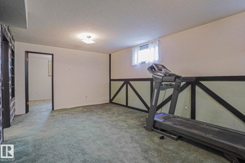 Spacious room with light green carpeting, a neutral wall color, and a partial wall treatment featuring dark trim and light panels - 10 Murray Crescent, St. Albert, AB 