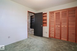 Neutral wall tones, green textured carpeting, and natural wood louvered bifold closet doors - 