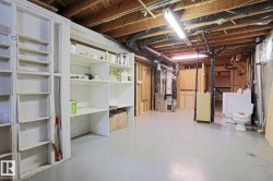 Utility space featuring built-in shelving, concrete flooring, exposed ceiling joists, and a fluorescent light fixture - 