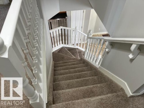 Carpeted staircase featuring white painted banisters and a wall-mounted handrail - 16-1033 Youville Dr. West Nw, Edmonton, AB - Indoor Photo Showing Other Room