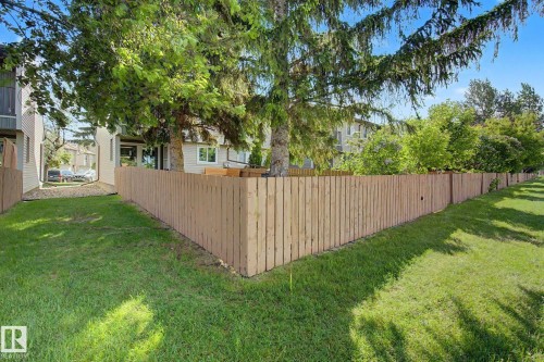 Expansive grassy area featuring a wooden privacy fence, mature trees, and landscaping - 45 2020 105 Street, Edmonton, AB 