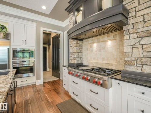 Gourmet kitchen with professional-grade stainless steel range, stone surround, and integrated hood - 2807 Wheaton Drive, Edmonton, AB 