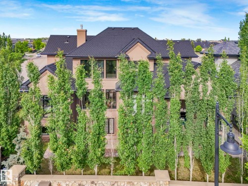 Multi-level property with a dark shingled roof, stucco exterior, and numerous tall, slender trees providing natural screening - 2807 Wheaton Drive, Edmonton, AB 