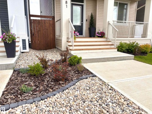 Front exterior featuring concrete steps with wood-finish risers, a wood privacy fence, and a concrete walkway - 5281 Edgemont Boulevard, Edmonton, AB 