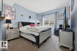 Carpeted bedroom featuring a window with exterior views, light blue wall paint, and a textured ceiling - 