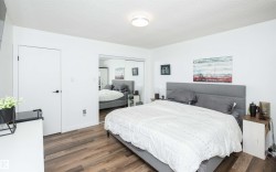 Bright bedroom featuring wood-finish flooring, white walls, and a contemporary flush-mount ceiling light - 
