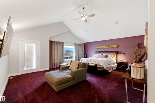Spacious room featuring a vaulted ceiling with a ceiling fan, plush red carpeting, and a private exterior door - 9003 16 Avenue, Edmonton, AB 