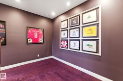 Accent wall with built-in gallery framing, recessed lighting, deep purple carpeting, and white baseboards - 
