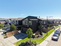 Contemporary two-story residence featuring dark siding, a dark trim roofline, and a prominent front entrance - 