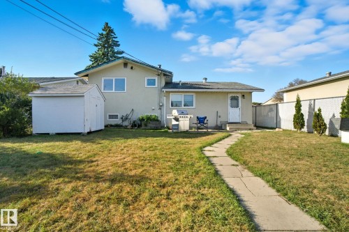Spacious backyard with a curved concrete pathway, stucco exterior, and a detached storage shed - 14239 53 Street, Edmonton, AB 