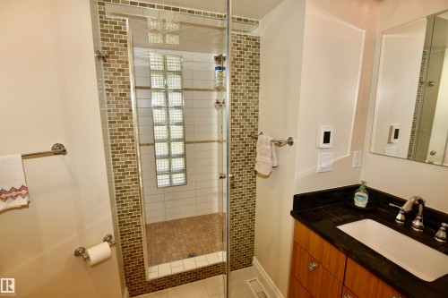 Glass-enclosed shower with mosaic tile surround and privacy glass block feature - 6 St George'S Crescent, Edmonton, AB 