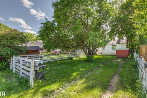 Expansive grassy property featuring established trees and white picket fencing - 11417 65 Street, Edmonton, AB 