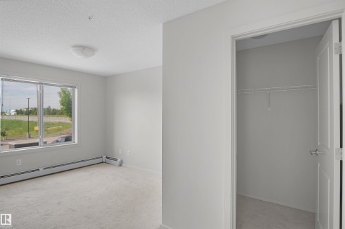 Neutral tone interior featuring a large window, light-colored carpeting, baseboard heating, a ceiling-mounted light fixture, and an open closet with wire shelving - 202 142 Ebbers Boulevard, Edmonton, AB 
