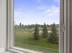 Expansive green space featuring a natural pond, mature evergreen trees, and distant residential structures under a clear sky - 