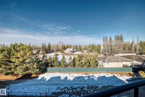Expansive property grounds featuring a green privacy fence, mature evergreen trees, and a distant residential landscape - 46 1304 Rutherford Road, Edmonton, AB - Outdoor With View