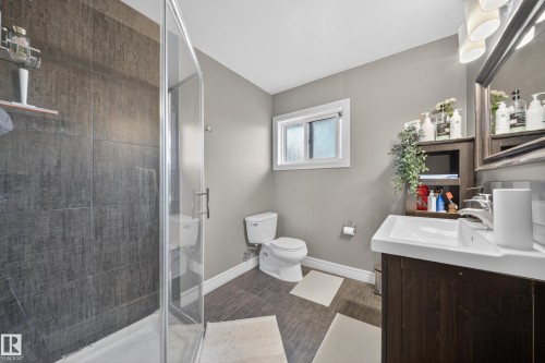Bathroom featuring a glass-enclosed shower with large format dark tile surround, a single-sink wood-finish vanity with chrome faucet, a rectangular mirror, and light gray wall paint - 34 Grand Meadow Crescent, Edmonton, AB 