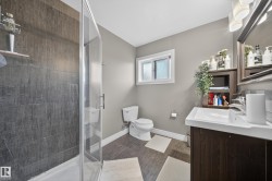 Bathroom featuring a glass-enclosed shower with large format dark tile surround, a single-sink wood-finish vanity with chrome faucet, a rectangular mirror, and light gray wall paint - 