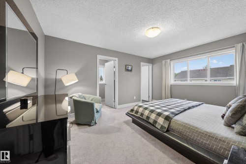 Carpeted bedroom with neutral gray walls and white trim - 34 Grand Meadow Crescent, Edmonton, AB 