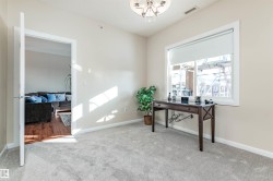 Carpeted room with a large window featuring a roller shade and white trim - 