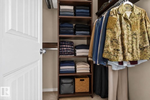 Custom closet system featuring dark wood-finish shelving, an integrated hanging rod, and neutral carpet flooring - 30 6075 Schonsee Way, Edmonton, AB 